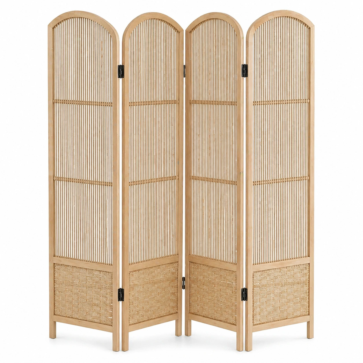 Separador de ambientes plegable de 4 paneles estilo natural con estructura de madera y fibra tejida 163x170 cm-orderzivo 